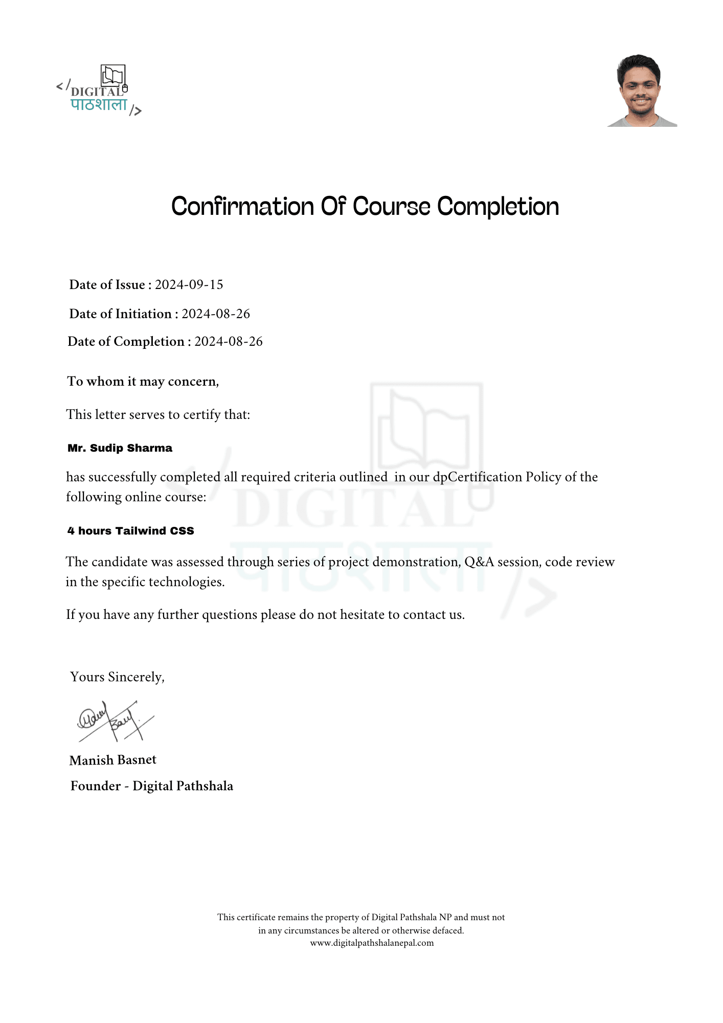 Digital Pathshala ceritified Tailwind CSS